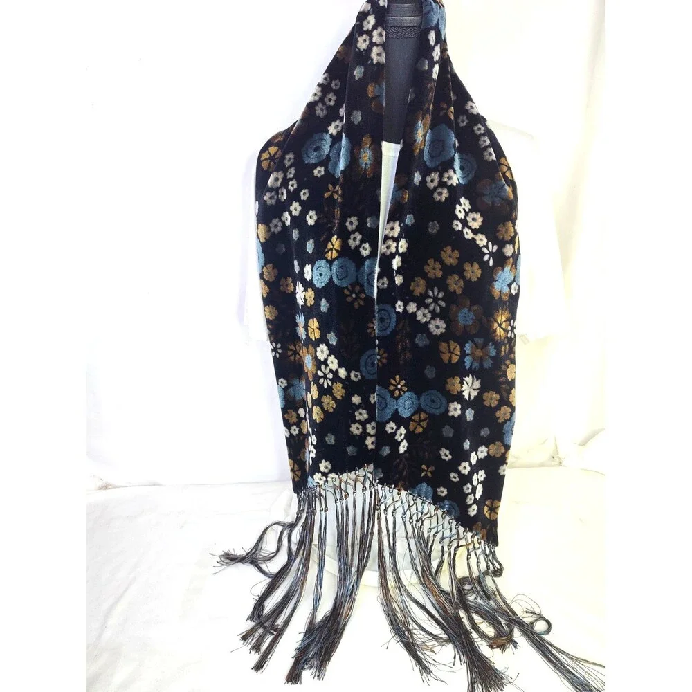 NORDSTROM Black Velvet Burnout Floral Viscose &Silk Scarf Made in Italy 69”x10”